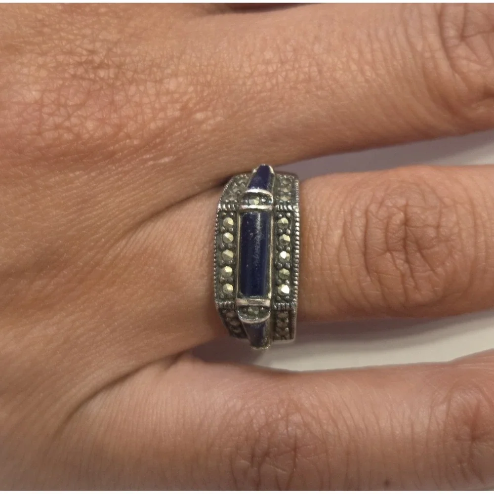 Vintage Art Deco Sterling Silver, Lapis Lazuli & Marcasite Statement Ring Size 6